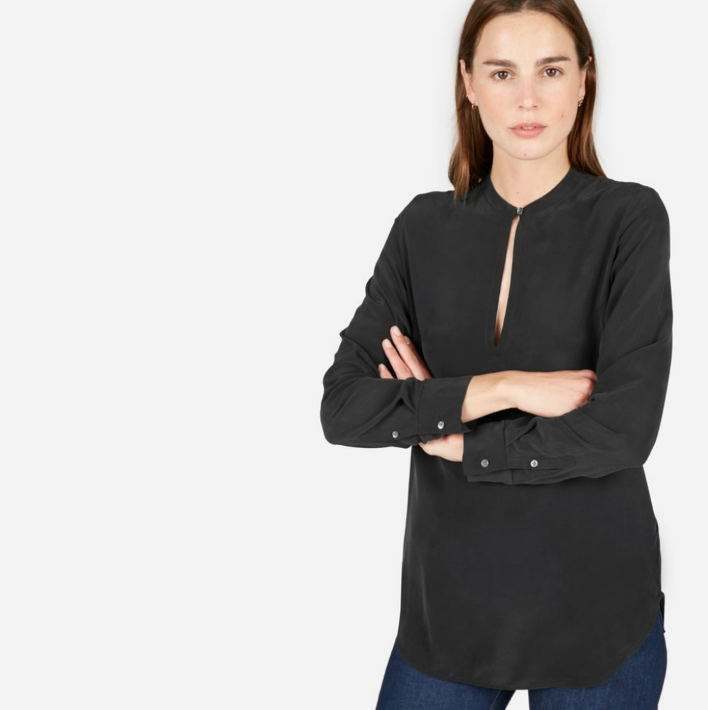 Everlane 100% Silk Deep Split Neck Button Long Sleeve Shirt Black Size 00